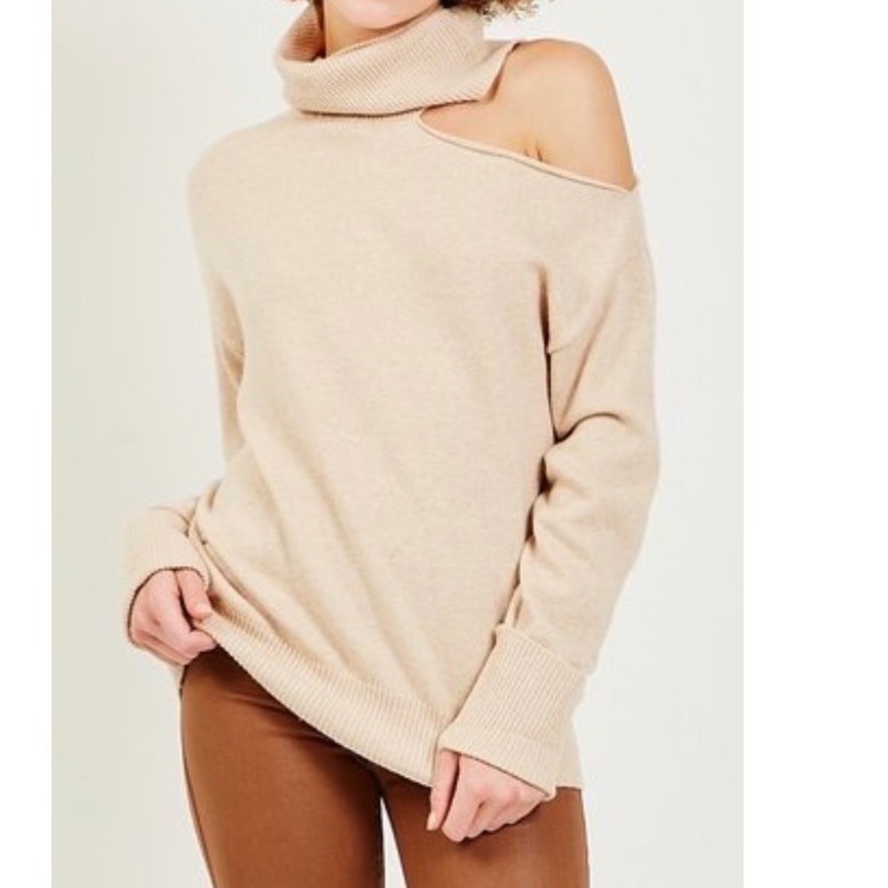 PAIGE Sweater Women's XL Raundi Wool Blend Cutout Cold Shoulder Turtleneck Camel